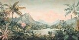 Watercolor painting of a green jungle landscape in retro or vintage style. Watercolor wallpaper pattern. Lush, green rainforest background.