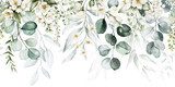Watercolor seamless border - illustration with green gold leaves, white flowers, rose, peony and branches, for wedding stationary, greetings, wallpapers, fashion, backgrounds, wrappers, cards.