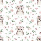Watercolor Seamless hand illustrated floral pattern with floral leaf, pink flowers and baby owl. Watercolor boho spring wallpaper botanical background textile