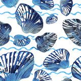 Watercolor seamless pattern of sea shells.