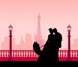 Wedding couple in front of Eiffel tower in Paris silhouette 