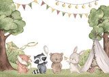 Woodland friends. Watercolor hand-drawn frame with forest animals in a forest glade, children's hut, tree, bushes and flags Themplate card for design baby shower, birthday, nursery.