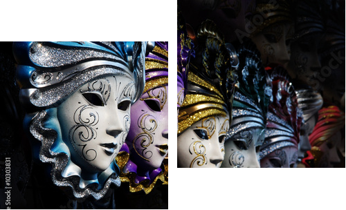 Row of venetian masks in gold and blue - Zweiteiliges Leinwandbild, Diptychon