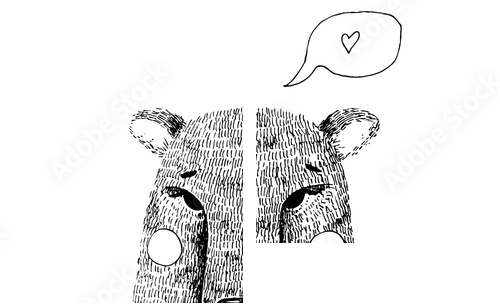 Hand drawn cute bear hand illustration. Ink sketch with wild animal - bear with bow tie, cheeks and speech bubble with heart - Zweiteiliges Leinwandbild, Diptychon