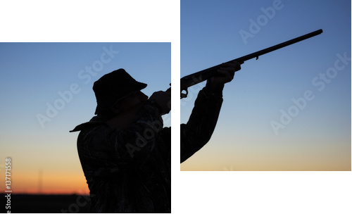 Hunter's silhouette at sunset - Zweiteiliges Leinwandbild, Diptychon