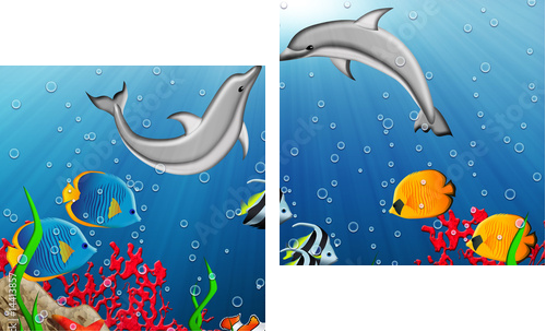 Underwater world with dolphins and tropical fishes - Zweiteiliges Leinwandbild, Diptychon