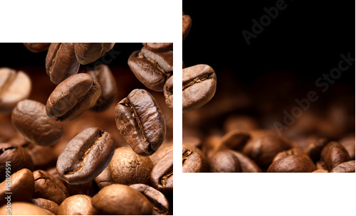 Falling coffee beans. Dark background with copy space, close-up - Zweiteiliges Leinwandbild, Diptychon