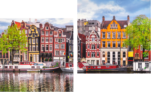Amsterdam Netherlands dancing houses over river Amstel landmark - Zweiteiliges Leinwandbild, Diptychon