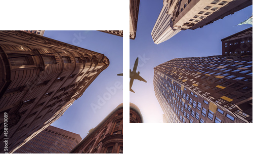 plane over highrise buildings - Zweiteiliges Leinwandbild, Diptychon