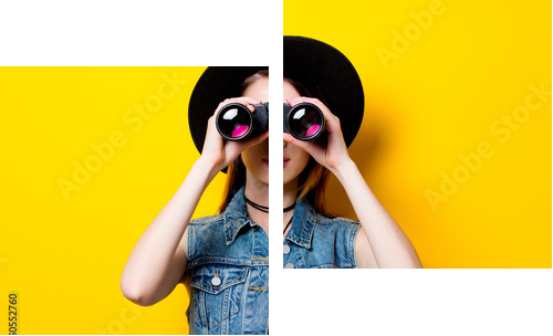 woman in hat with binocular - Zweiteiliges Leinwandbild, Diptychon