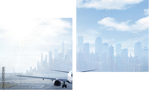 Big aircraft on runway in big city - Zweiteiliges Leinwandbild, Diptychon