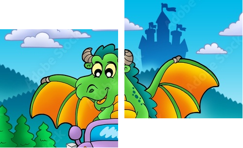Green dragon driving car - Zweiteiliges Leinwandbild, Diptychon