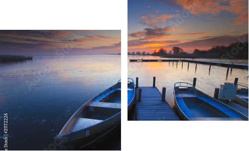 Peaceful sunrise with dramatic sky and boats and a jetty - Zweiteiliges Leinwandbild, Diptychon