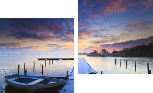 Peaceful sunrise with dramatic sky and boats and a jetty - Zweiteiliges Leinwandbild, Diptychon