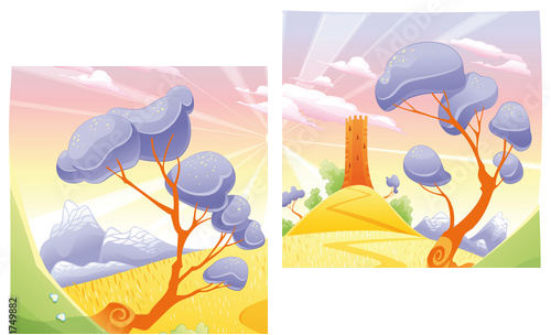 Landscape with tower. Funny cartoon and vector illustration. - Zweiteiliges Leinwandbild, Diptychon