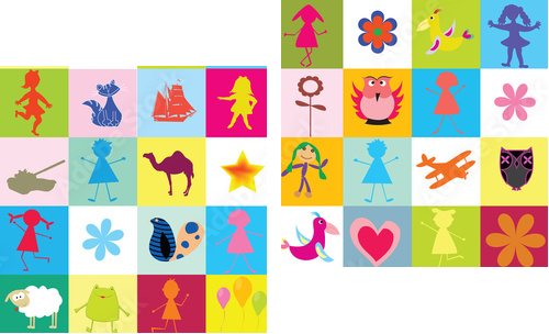 Pattern with toys and kids for kindergarten - Zweiteiliges Leinwandbild, Diptychon