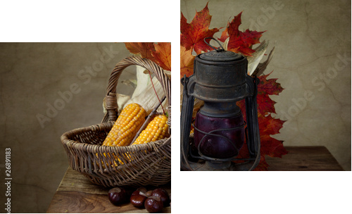 Herbstliches Stilleben mit Petroleumlampe und Mais in Weidenkorb - Zweiteiliges Leinwandbild, Diptychon