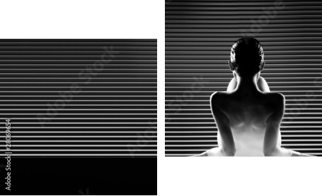 black and white back view artistic nude, on striped background - Zweiteiliges Leinwandbild, Diptychon