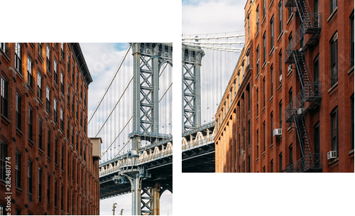 Brooklyn Bridge seen between two beautiful brown buildings at sunset - Zweiteiliges Leinwandbild, Diptychon