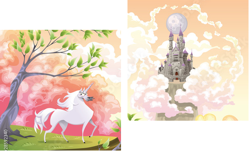 Unicorn and mythological landscape Vector illustration - Zweiteiliges Leinwandbild, Diptychon