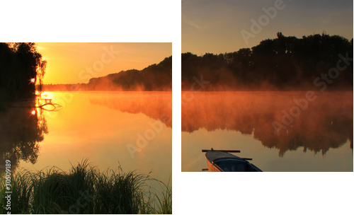 Boat on the shore of a misty lake - Zweiteiliges Leinwandbild, Diptychon