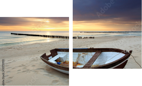 Boat on beautiful beach in sunrise - Zweiteiliges Leinwandbild, Diptychon