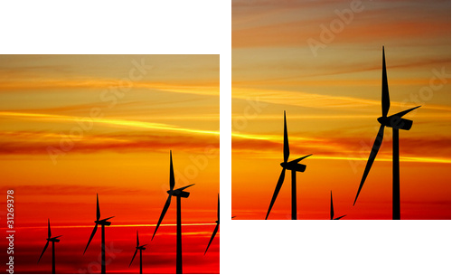 Wind turbines farm at sunset - Zweiteiliges Leinwandbild, Diptychon