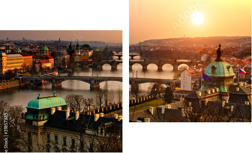 Panoramic view on Charles bridge and sunset Prague lights - Zweiteiliges Leinwandbild, Diptychon