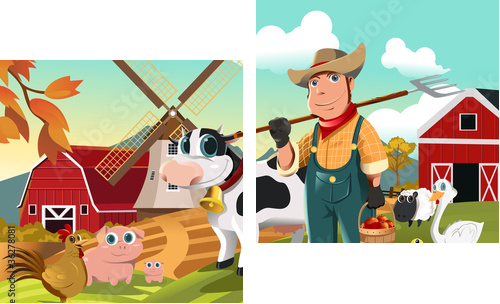 Farmer at the farm with animals - Zweiteiliges Leinwandbild, Diptychon