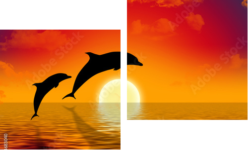 illustration of two dolphins swimming in sunset - Zweiteiliges Leinwandbild, Diptychon