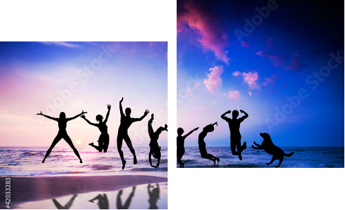 People and dog jumping on the beach. Happiness - Zweiteiliges Leinwandbild, Diptychon