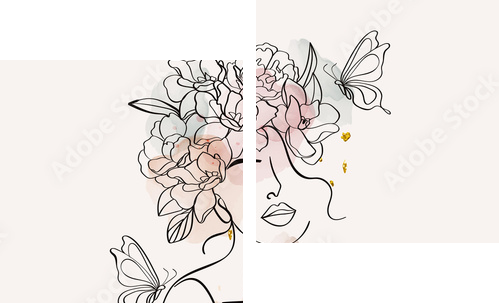 Women and flowers line art. Girl with flowers and leaves one line vector drawing. Portrait continuous line art drawing for prints, tattoos, cosmetics, fashion, Beauty salon and wall home decoration. - Zweiteiliges Leinwandbild, Diptychon