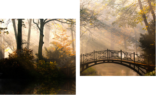 Autumn - Old bridge in autumn misty park - Zweiteiliges Leinwandbild, Diptychon