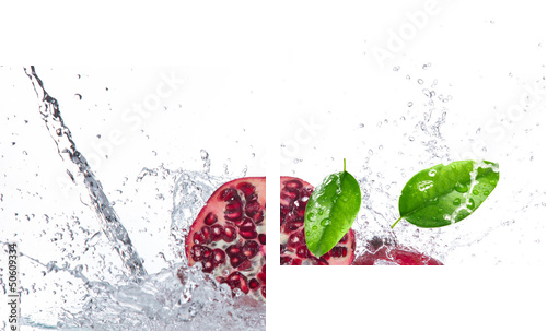 Juicy pomegranate with splashing water - Zweiteiliges Leinwandbild, Diptychon