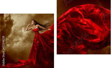 Woman in red waving beautiful dress with flying fabric  - Zweiteiliges Leinwandbild, Diptychon
