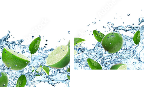 Limes and Splashing water over white - Zweiteiliges Leinwandbild, Diptychon
