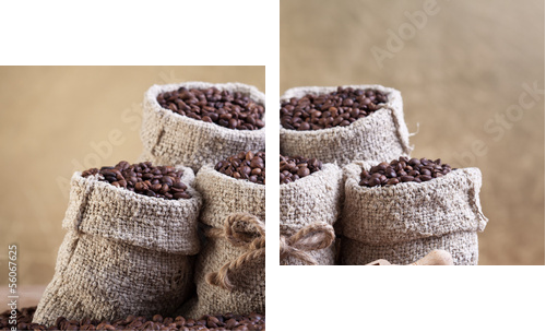 Roasted coffee beans in small burlap bags  - Zweiteiliges Leinwandbild, Diptychon
