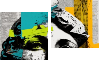 modern collage of antique statue with news paper style parts, and colored paint strokes, AI generated - Zweiteiliges Leinwandbild, Diptychon