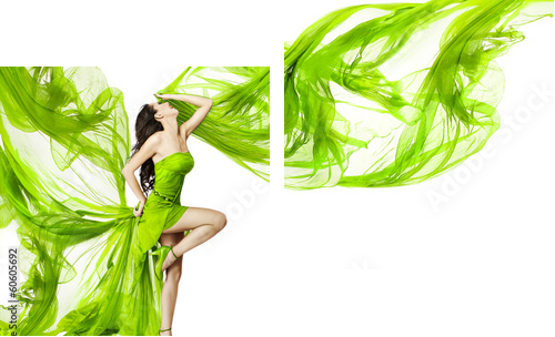 Woman dancing in green dress, fluttering waving fabric  - Zweiteiliges Leinwandbild, Diptychon