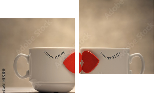 Two coffee cups with red hearts as a kissing lips  - Zweiteiliges Leinwandbild, Diptychon