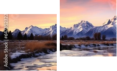 Captured in breathtaking panorama, the mountain range reveals its regal beauty under the canvas of a sunset sky. - Zweiteiliges Leinwandbild, Diptychon