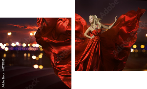 woman dancing in silk dress, artistic red blowing gown waving  - Zweiteiliges Leinwandbild, Diptychon