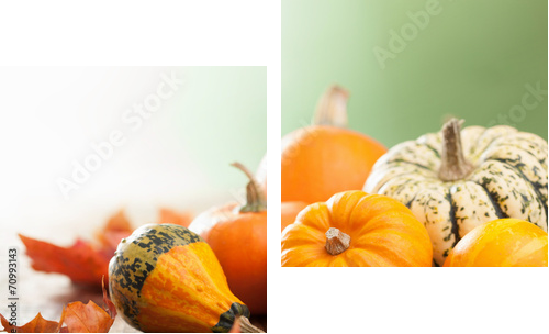 decorative mini pumpkins on wooden background  - Zweiteiliges Leinwandbild, Diptychon