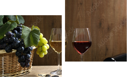 vino due bicchieri su tavolo di legno  - Zweiteiliges Leinwandbild, Diptychon