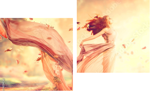 Autumn fantasy girl, fairy in blowing chiffon dress  - Zweiteiliges Leinwandbild, Diptychon