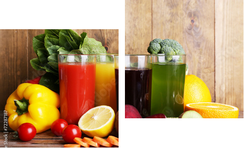 Fruit and vegetable juice in glasses and fresh fruits and  - Zweiteiliges Leinwandbild, Diptychon
