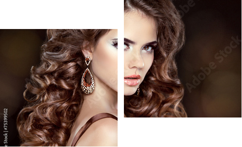 Beautiful fashion woman model with wavy long hair and fashion ea  - Zweiteiliges Leinwandbild, Diptychon