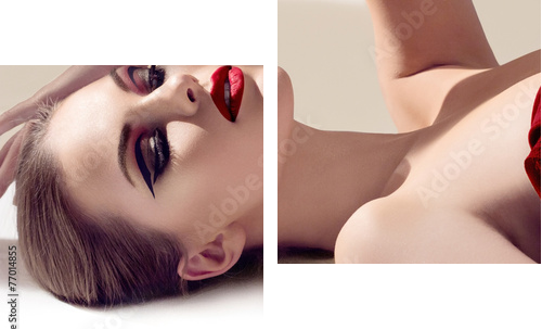 Beautiful young model with red lips. Gorgeous Woman Face.  - Zweiteiliges Leinwandbild, Diptychon