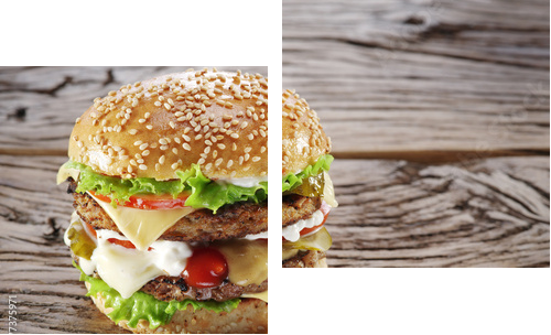 Hamburger on old wooden table.  - Zweiteiliges Leinwandbild, Diptychon