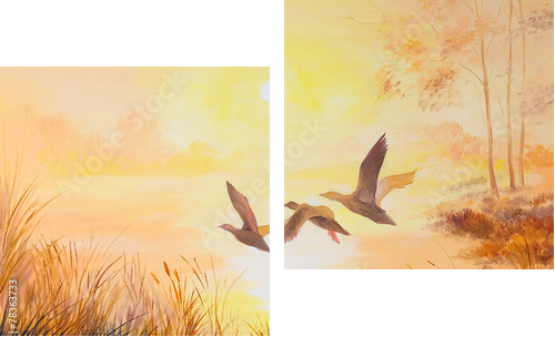 oil painting - Cranes at sunset, art work - Zweiteiliges Leinwandbild, Diptychon